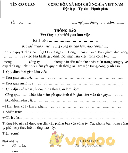 Mẫu thông báo quy định thời gian làm việc