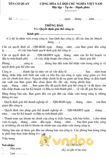 Mẫu thông báo quyết định giải thể công ty