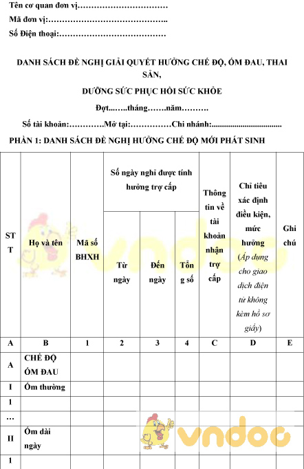Mẫu 01B-HSB: Danh sách đề nghị giải quyết hưởng chế độ, ốm đau, thai sản, dưỡng sức