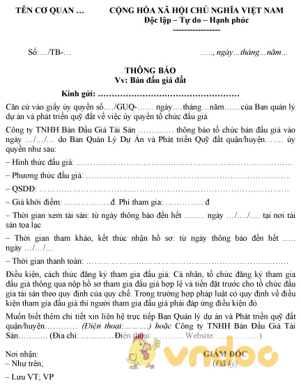 Mẫu thông báo bán đấu giá quyền sử dụng đất