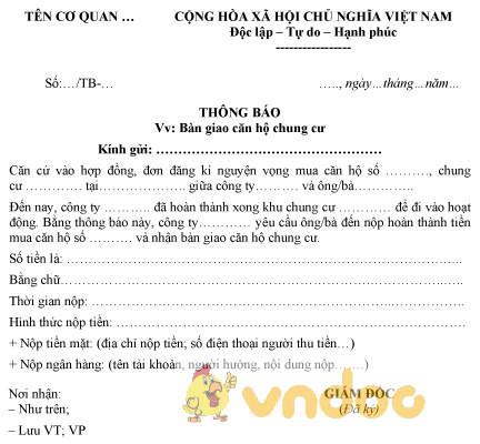 Mẫu thông báo bàn giao căn hộ chung cư