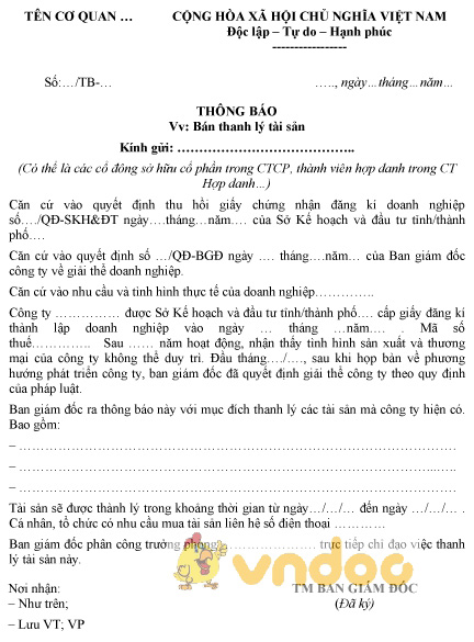 Mẫu thông báo bán thanh lý tài sản