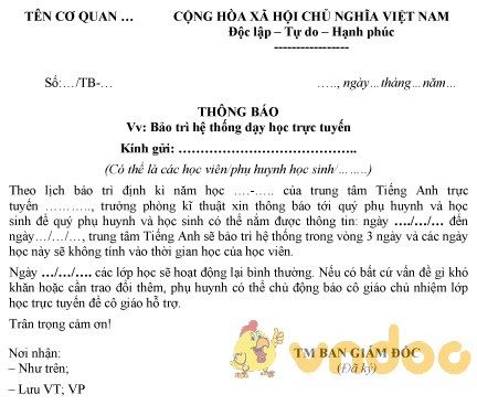 Mẫu thông báo bảo trì hệ thống máy tính