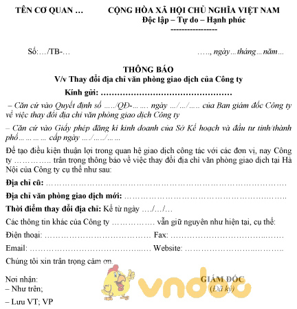 Mẫu thông báo thay đổi địa chỉ
