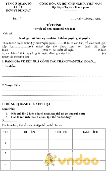 Mẫu tờ trình đề nghị đánh giá xếp loại