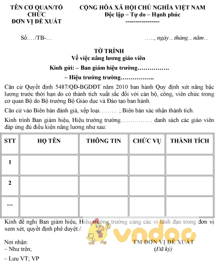 Mẫu tờ trình nâng lương giáo viên
