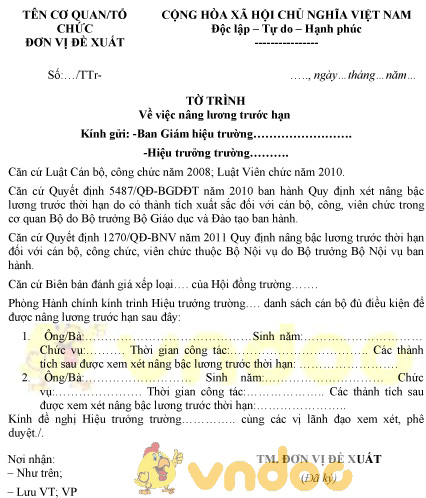 Mẫu tờ trình nâng lương trước hạn