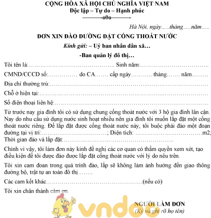 Mẫu đơn xin đào đường đặt cống thoát nước