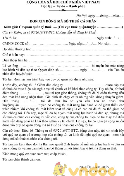 Mẫu đơn xin đóng mã số thuế cá nhân
