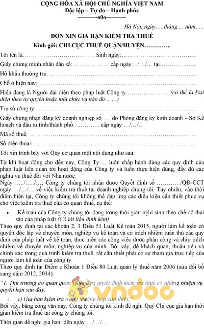 Mẫu đơn xin gia hạn kiểm tra thuế