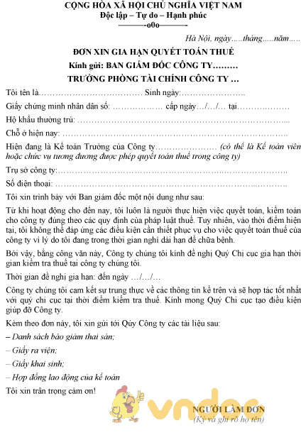 Mẫu đơn xin gia hạn thời gian quyết toán thuế