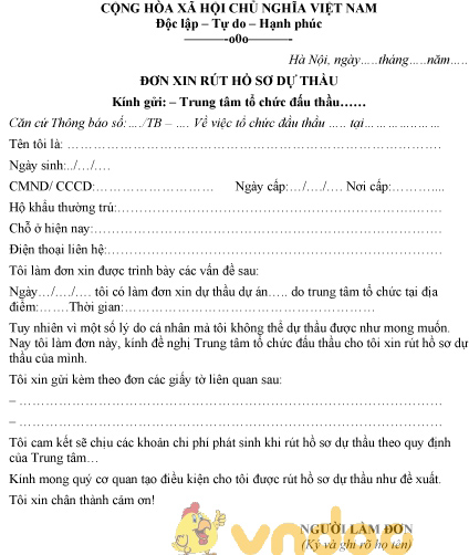 Mẫu đơn xin rút hồ sơ dự thầu