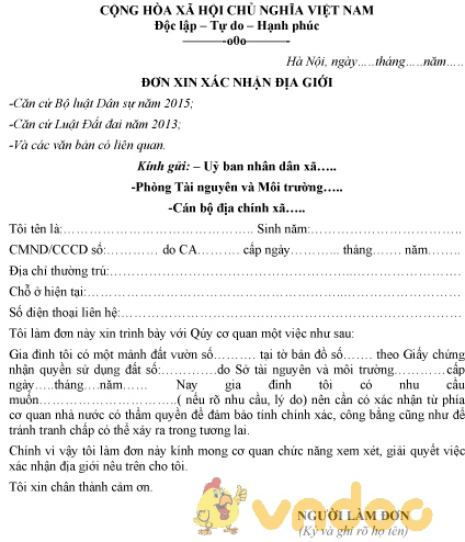 Mẫu đơn xin xác nhận địa giới