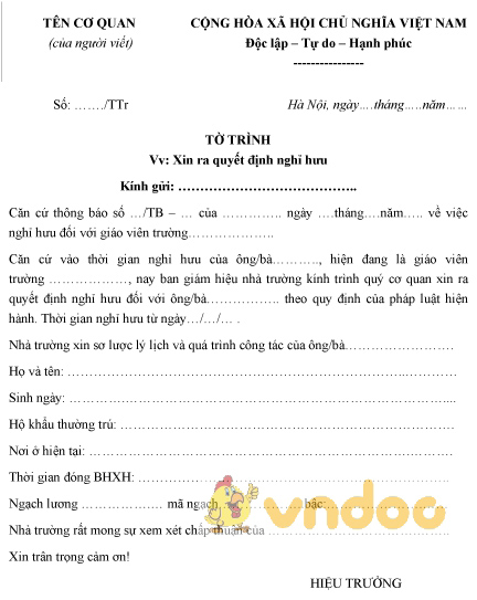 Mẫu tờ trình xin ra quyết định nghỉ hưu