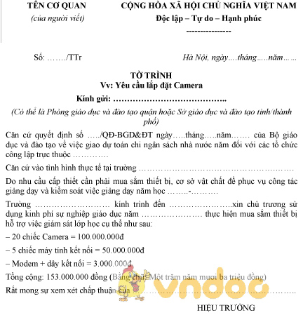 Mẫu tờ trình yêu cầu lắp đặt Camera