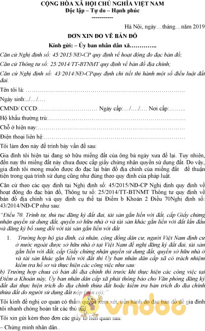 Mẫu đơn xin đo vẽ bản đồ