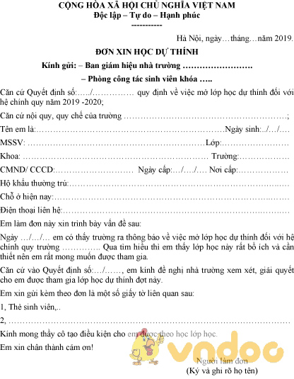 Mẫu đơn xin học dự thính