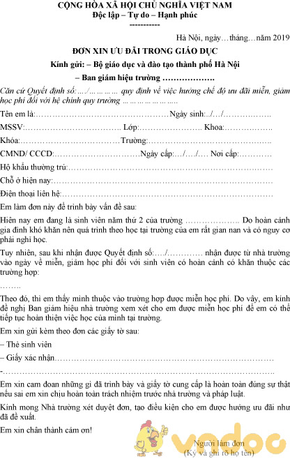 Mẫu đơn xin ưu đãi trong giáo dục