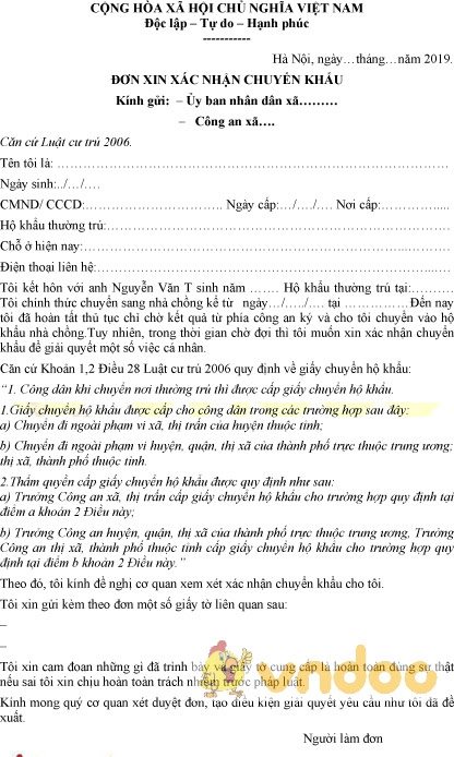 Mẫu đơn xin xác nhận chuyển khẩu