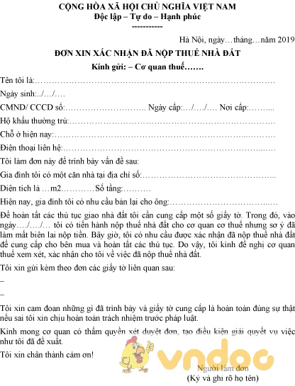 Mẫu đơn xin xác nhận đã nộp thuế đất