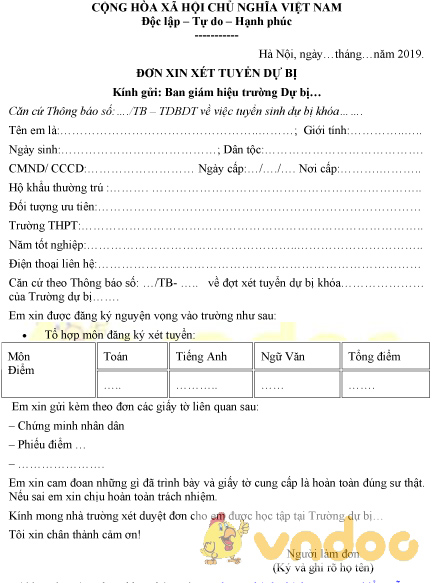 Mẫu đơn xin xét tuyển dự bị