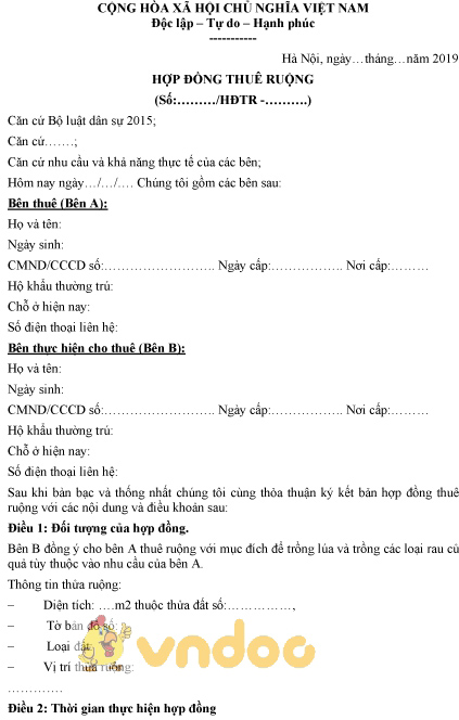 Mẫu hợp đồng thuê ruộng