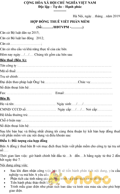 Mẫu hợp đồng thuê viết phần mềm
