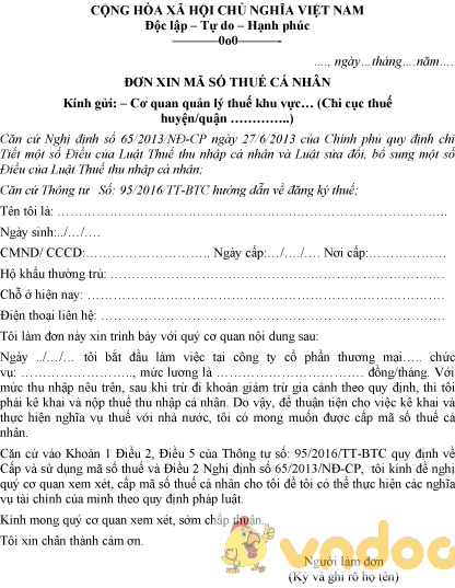 Mẫu đơn xin cấp mã số thuế cá nhân