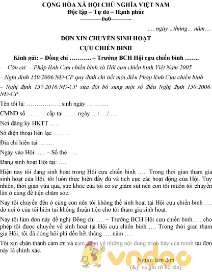 Mẫu đơn xin chuyển sinh hoạt cựu chiến binh
