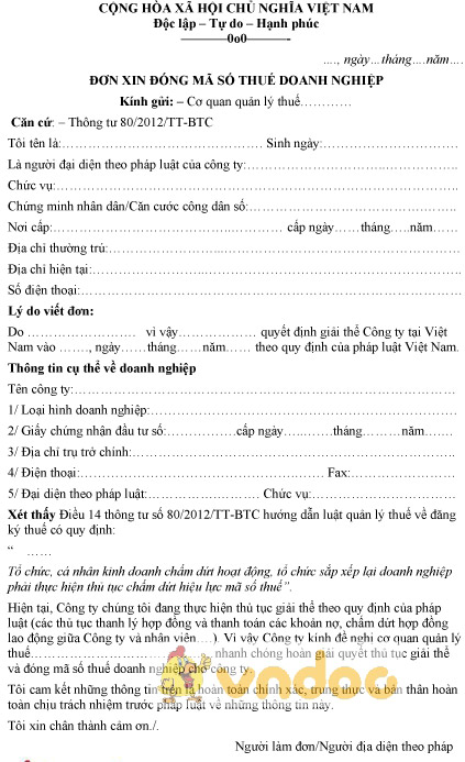 Mẫu đơn xin đóng mã số thuế doanh nghiệp