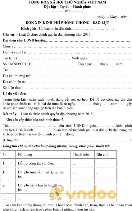 Mẫu đơn xin kinh phí phòng chống lụt bão