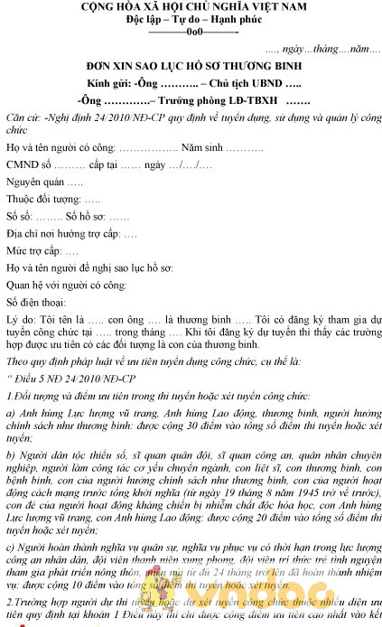 Mẫu đơn xin sao lục hồ sơ thương binh