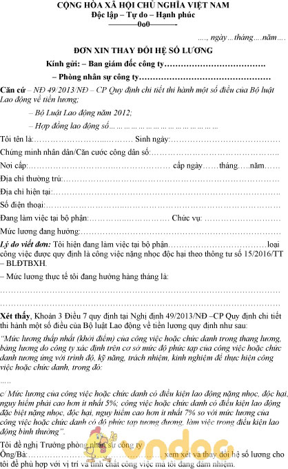 Mẫu đơn xin thay đổi hệ số lương