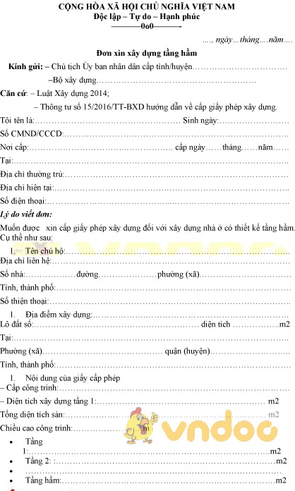 Mẫu đơn xin xây dựng tầng hầm