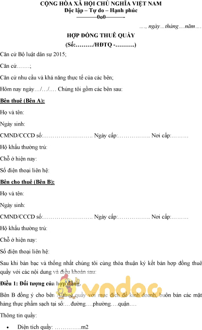 Mẫu hợp đồng thuê quầy bán hàng