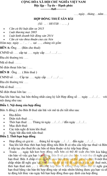 Mẫu hợp đồng thuê sân bãi