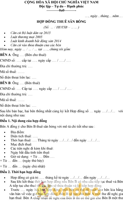 Mẫu hợp đồng thuê sân bóng