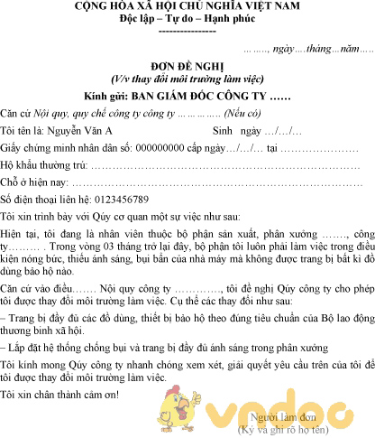 Mẫu đơn đề nghị thay đổi môi trường làm việc