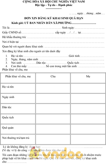 Mẫu đơn xin đăng ký khai sinh quá hạn
