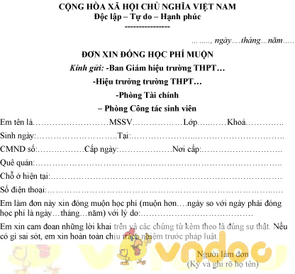 Mẫu đơn xin đóng học phí muộn