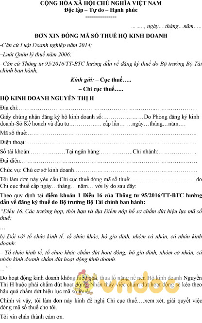 Mẫu đơn xin đóng mã số thuế hộ kinh doanh
