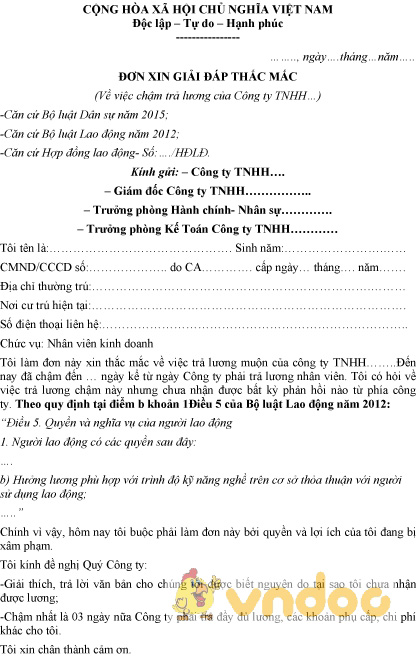 Mẫu đơn xin giải đáp thắc mắc