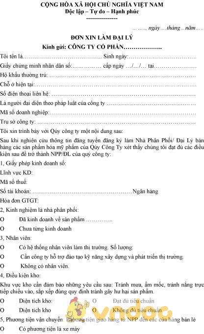 Mẫu đơn xin làm đại lý