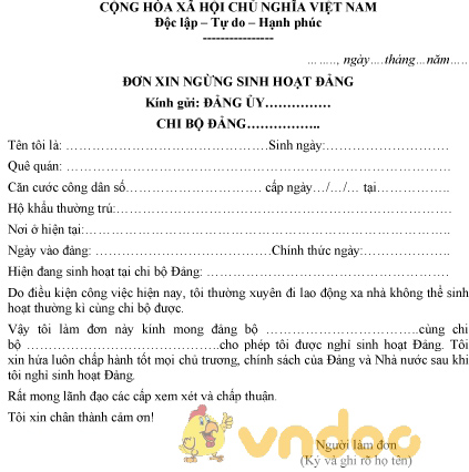 Mẫu đơn xin ngừng sinh hoạt Đảng