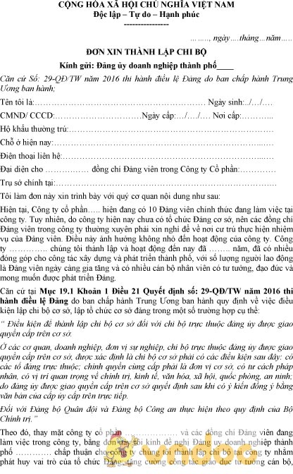 Mẫu đơn xin thành lập chi bộ