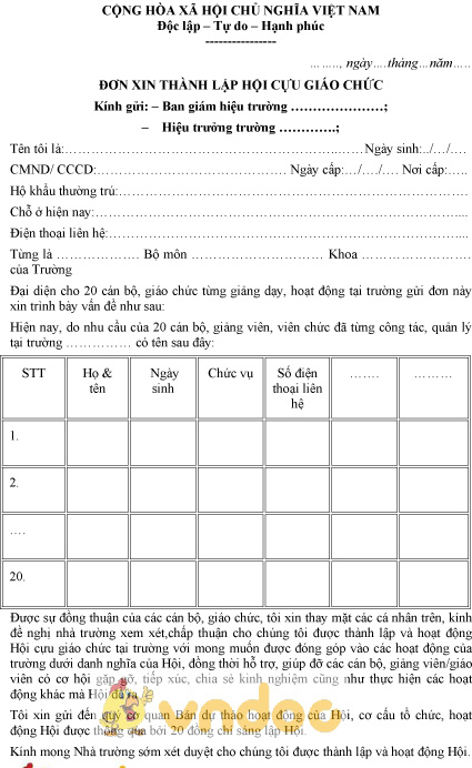 Mẫu đơn xin thành lập Hội cựu Giáo chức