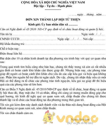 Mẫu đơn xin thành lập hội từ thiện