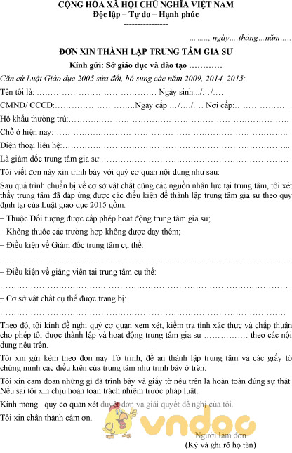 Mẫu đơn xin thành lập trung tâm gia sư