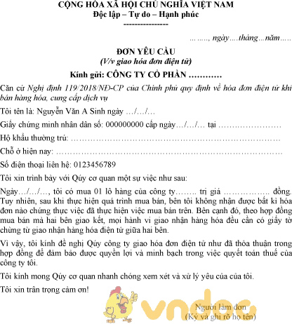 Mẫu đơn yêu cầu giao hóa đơn điện tử