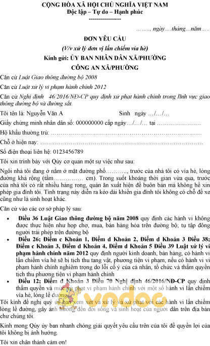 Mẫu đơn yêu cầu xử lý đơn vị lấn chiếm vỉa hè